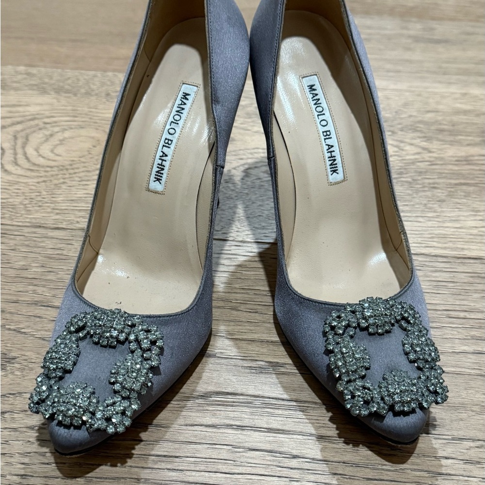 Manolo Blahnik Hangisi Silver Embellished Heels